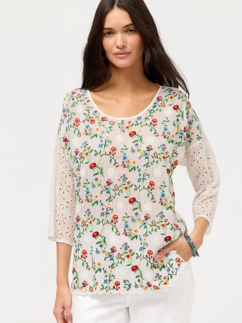 Johnny Was Carolyn Blouse Embroidered Floral Scoop Neck Women's Top size XS